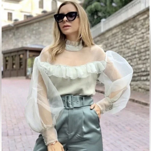 Zara Organza Sheer Ruffle Knit Top in Sea Foam Green Blogger Favorite Size Small - Picture 2 of 16